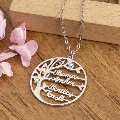 Personalised Family Tree NameS Necklace With 1-8 Birthstones Gift For Mum Grandma