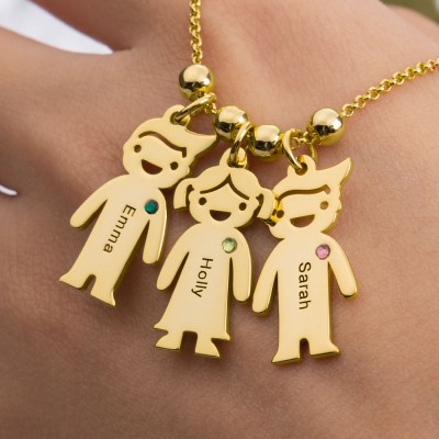 Personalised Kids Shaped Charm Pendant Name Birthstone Necklace Gift For Mum Grandma Her