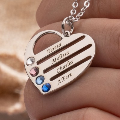 Personalised Heart Necklace with 1-4 Birthstones and Engravings