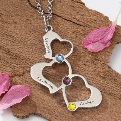 Personalised Heart To Heart Charm Engraved Names Birthstones Necklace Birthday Anniversary Gift For Her Mum Wife Grandma