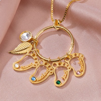 Personalised Circle 1-8 Hollow Baby Feet Shape Pendants with Birthstones Perfect Mother's Day Gift