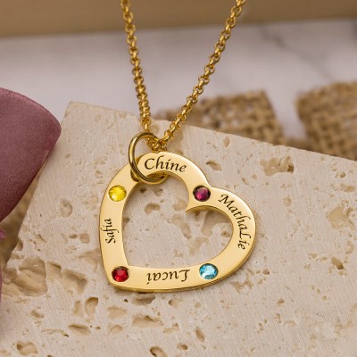 Personalised Family In Your Heart Mother Birthstones Necklace With Kids Name Gift For Mum Grandma