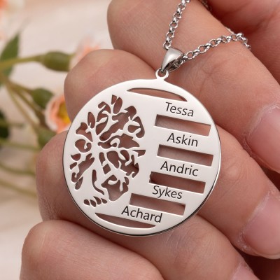 Personalised Tree of Life Family Names Circle Necklace Gift For Mum Grandma Her