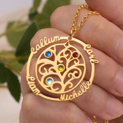 Personalised Family Tree Name Necklace With 1-6 Birthstones Gift for Her Mum Wife Grandma