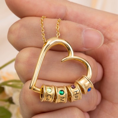 Personalised Heart Shape Pendant Family Engraved Necklace With Kids Names Beads And Birthstones Birthday Gifts For New Mum Unique Gift For Mum Grandma Mother's Day Gift Ideas
