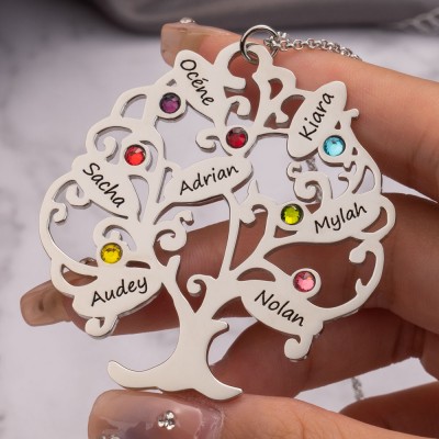 Personalised Tree of Life Name Necklace Family Mother's Day Gift Mum Grandma Gift Idea (1-15 Names+Birthstones)