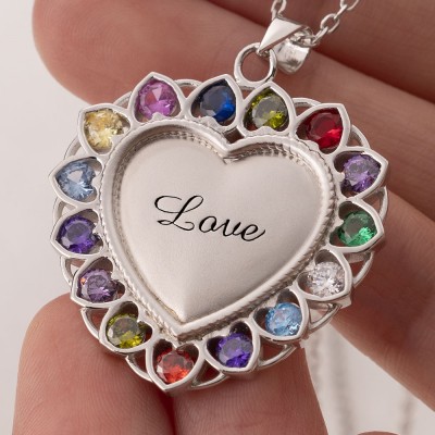 Personalised Heart Shape Necklace With 1-15 Birthstones for Mum Grandma