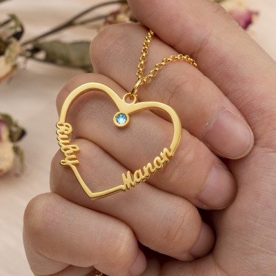 Personalised Contour Heart Pendant Name Necklace with Birthstone Custom Couple Jewelry Birthday Gift for Her Wedding Anniversary Gifts 