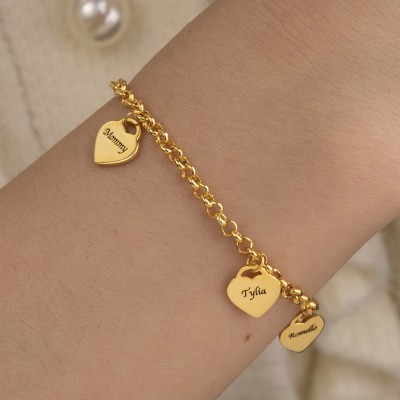 Personalised Heart Charms Engraved Names Bracelet Gift for Her Mum