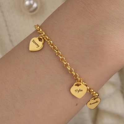 Custom Heart Charms Bracelet Engraved with Names Gift for Her Mother's Day Gift