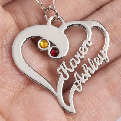 Two Heart Forever Name Necklace With Birthstone Sterling Silver