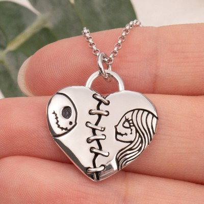 Silver Lovely Heart Jack Skellington and Sally Couple Name Engraving Necklace Valentine's Day Gifts