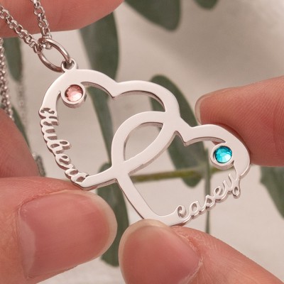 Personalised Heart In Heart Names Necklace With Birthstones