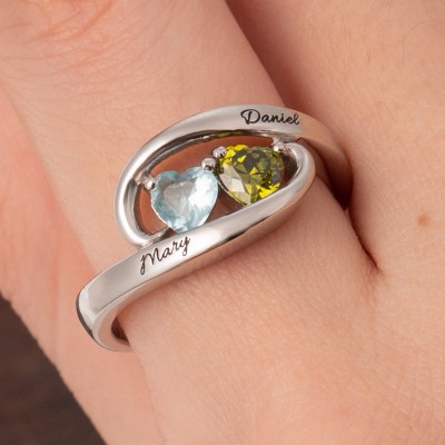 Personalised Pair of Hearts Infinity Birthstone Promise Ring For Her Anniversary Gift for Wife Valentine's Day Gift for Girlfriend