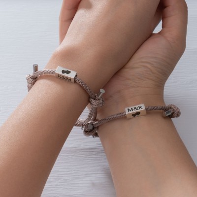 Personalised Set of 2 Couple Matching Magnetic Braided Rope Bracelet With Initial And Symbol Unique Gift For Couple Birthday Gift For Best Friend Graduation Gift Ideas