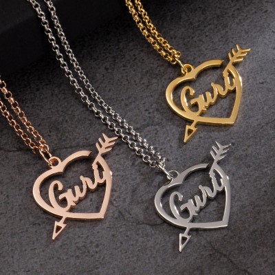 Personalised Cupid Arrow Heart Name Necklace For Women Birthday Valentine's Day Gifts For Girlfriend Her Mum Grandma