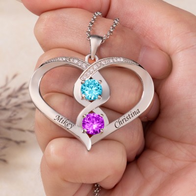 Personalised Heart Shaped Couple Name Necklace with Birthstone Design Gift Ideas for Her Anniversary Gifts Valentine's Day Gift
