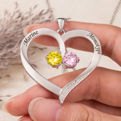 Personalised Couple Heart Name Necklace with Birthstones for Her Gifts for Soulmate Valentine's Day Gifts Anniversary Gift Ideas