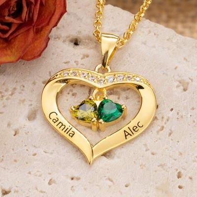 Personalised Heart Shape Necklace With 1-8 Birthstones with Name Engravings