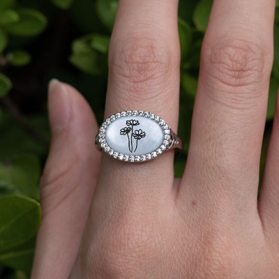 Personalised Shell Birth Flower Ring Floral Signet Ring Mother's Day, Christmas Gift