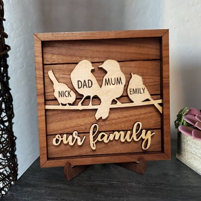 Personalised Birds Family Tree Wood Sign Name Engravings Home Wall Decor Gifts for Mum Grandma Anniversary Gift for Wife