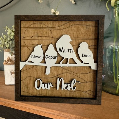 Personalised Bird Family Sign with Grandkids Names Home Decor Custom Gift for Grandma or Mum
