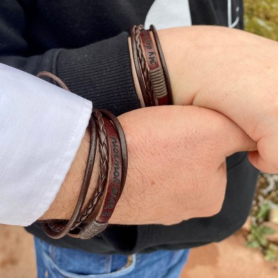 Personalised Dad and Kids Leather Engraved Bracelet Gift For Dad