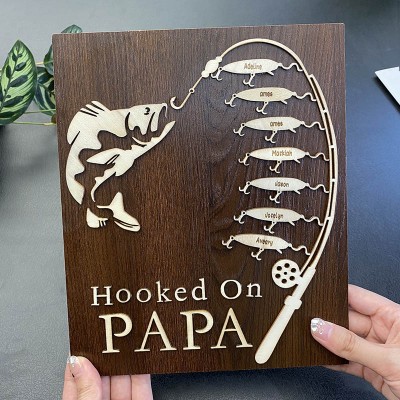 Handmade Personalised Fishing Trip Gift Hooked on Grandpa Papa Dad Father's Day Birthday Sign For Him