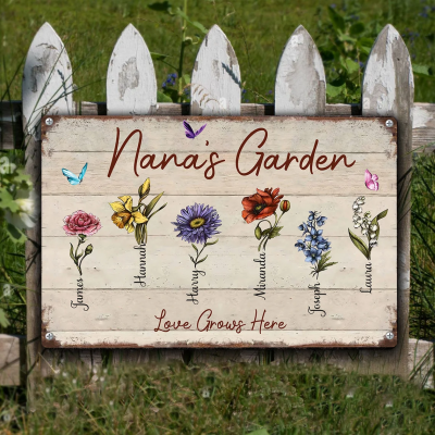 Personalised Nana's Garden Birth Month Flower Sign With Kids Names Gifts for Grandma Wife Mum Her