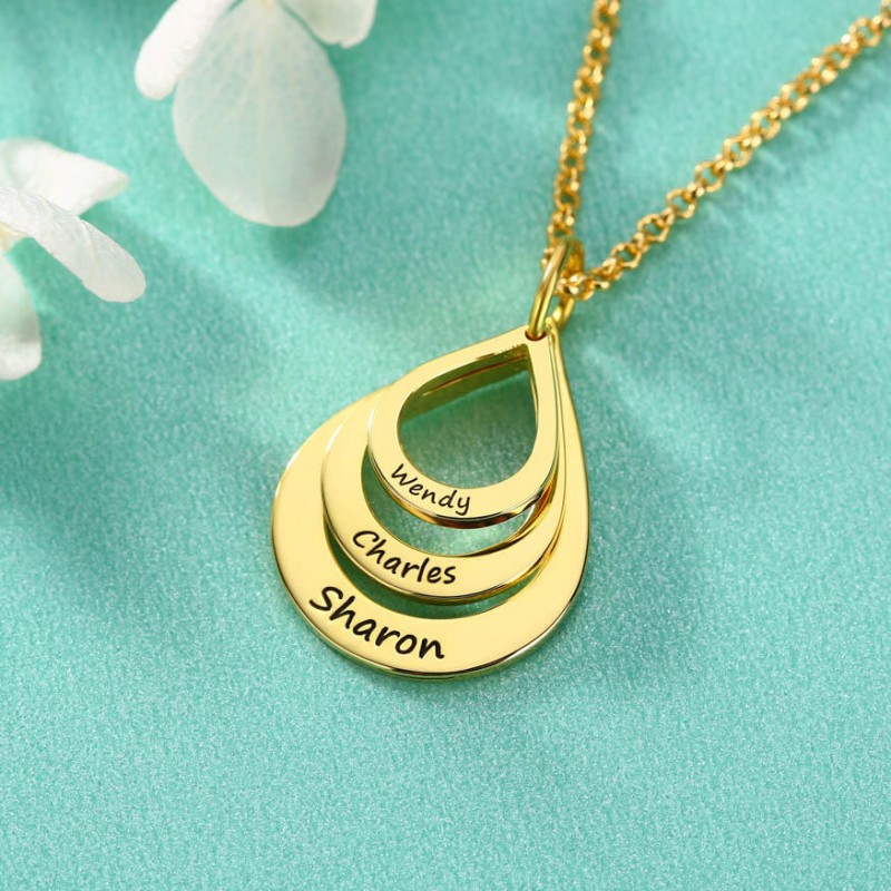 Silver Personalised Drop Shaped Names Engraved Family Necklace Gifts For Mum Grandma