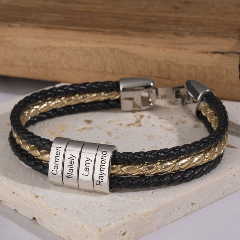 Men braided leather bracelet with store small custom beads in silver